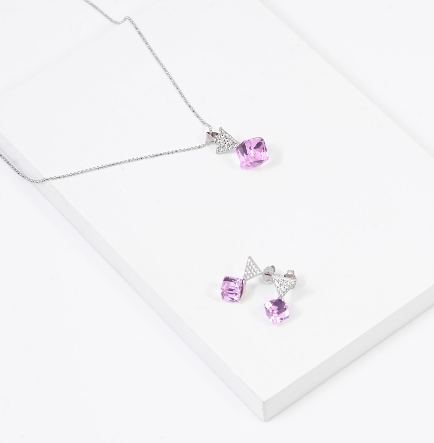 Silver Pink Swarovski Earring Pendant Set